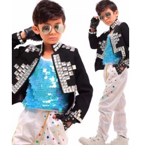 Boys kids black red gemstones jazz dance jacket drummer model host singers gogo dancers bling coat for children